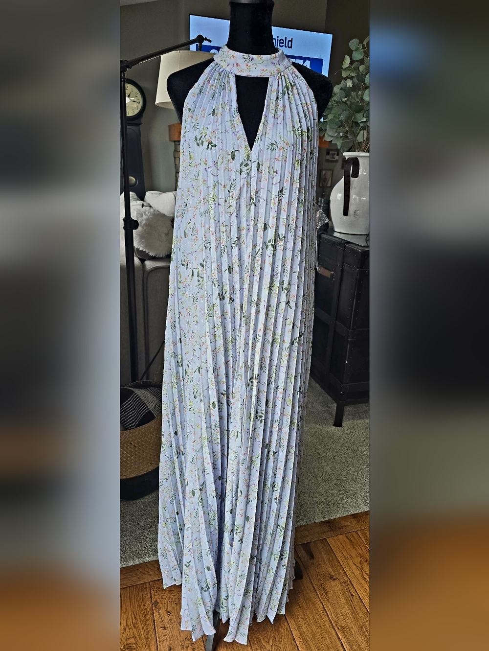 CeCe Light Blue Floral Pleated Halter Maxi Dress - Picture 3 of 7